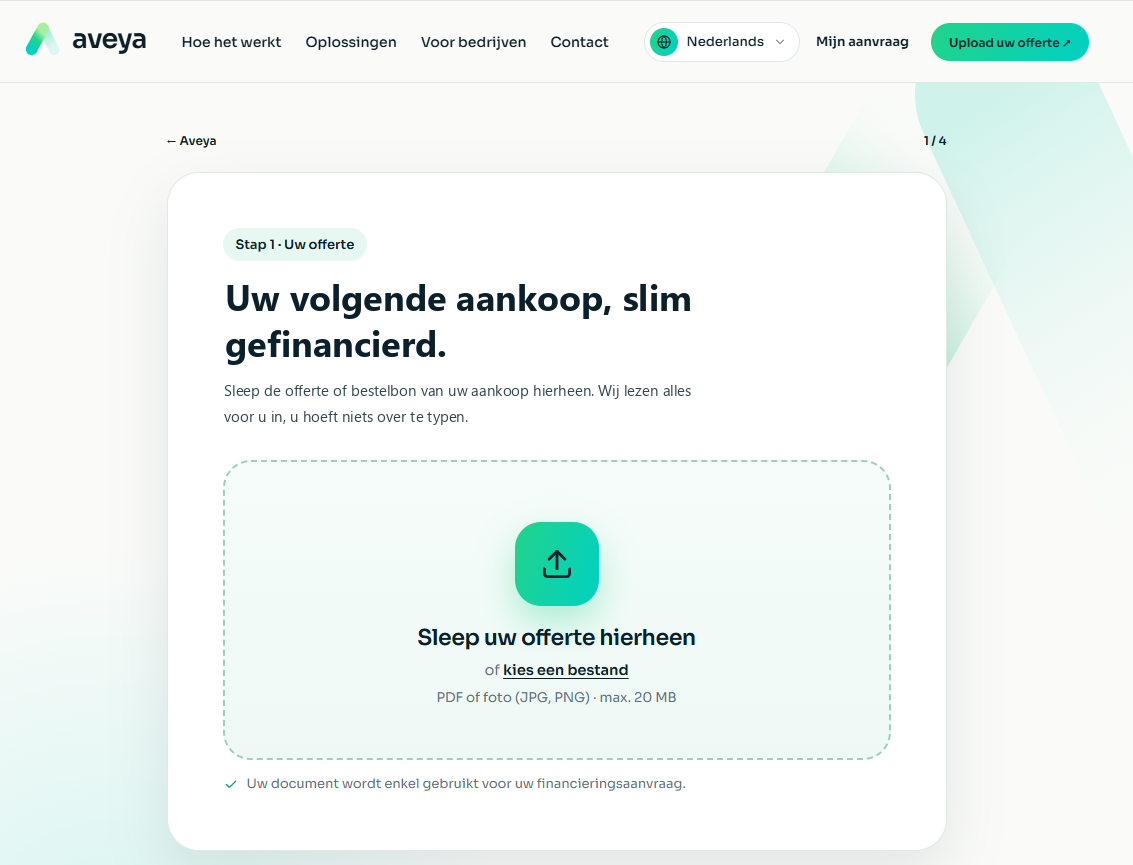 Eerste stap van de aanvraag: de koper sleept zijn offerte in het venster.