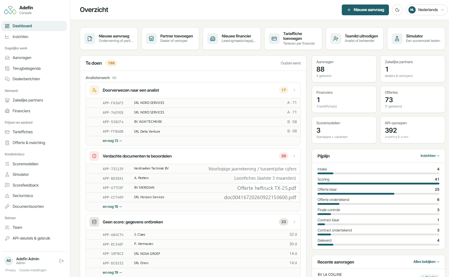 The console with the work list, the pipeline per step and the most recent applications.